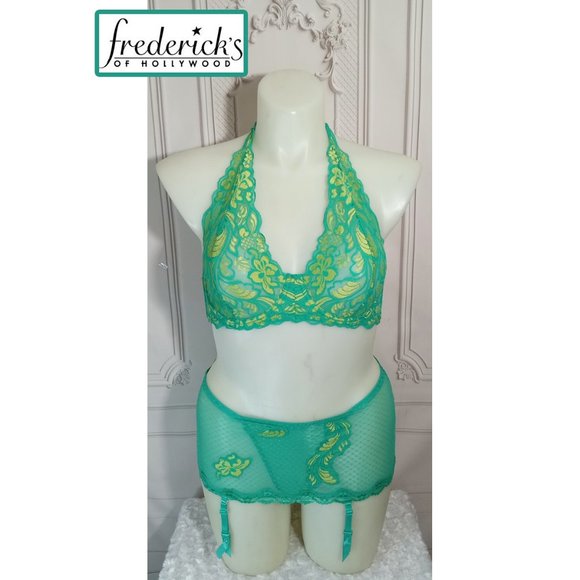 NWOT Fredrick's Of Hollywood Green Halter Bra & Garter W/Built-in Panty Set Sz L - Picture 1 of 8